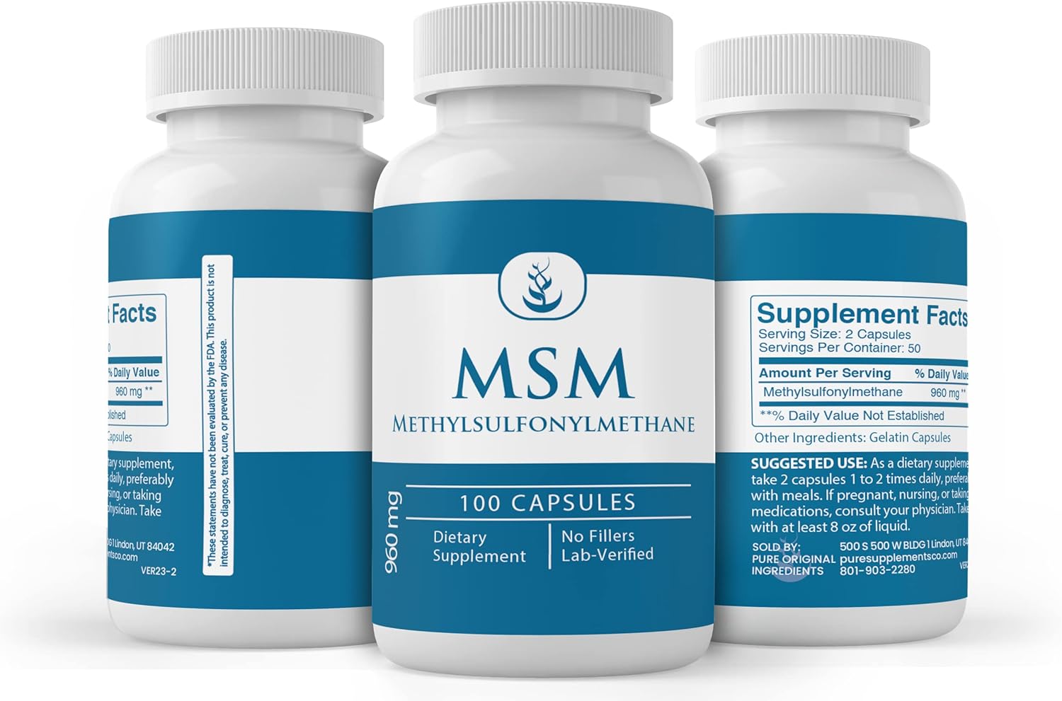100 Capsules of Pure MSM with Original Ingredients, Lab Verified, No Additives or Fillers