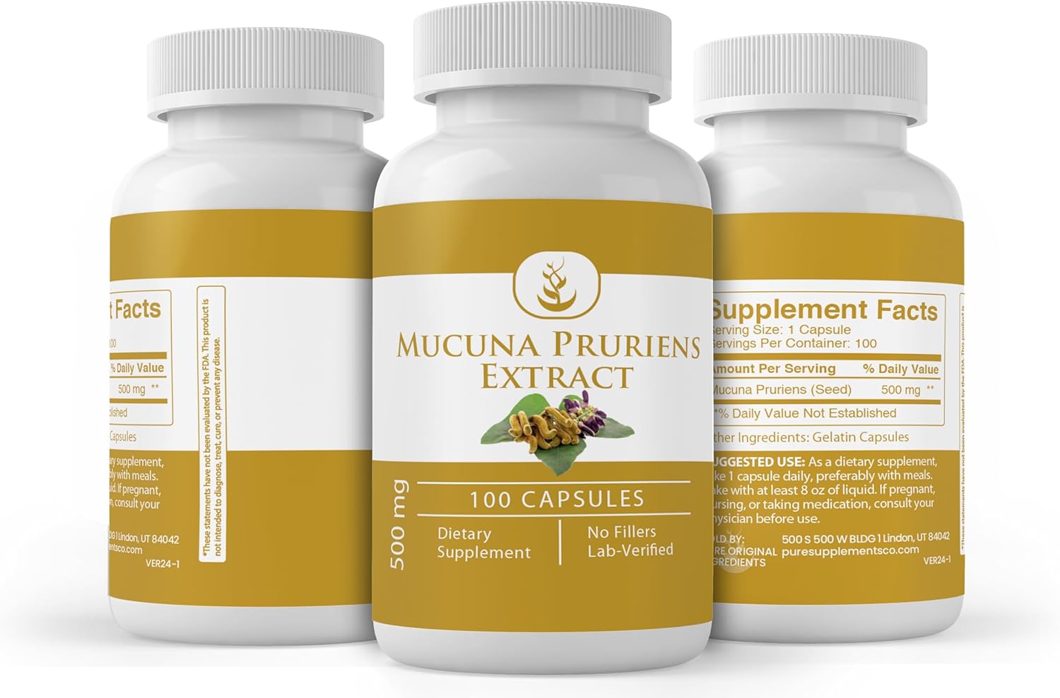 100 Capsules of Pure Mucuna Pruriens with Original Ingredients, Lab Verified - No Additives or Fillers