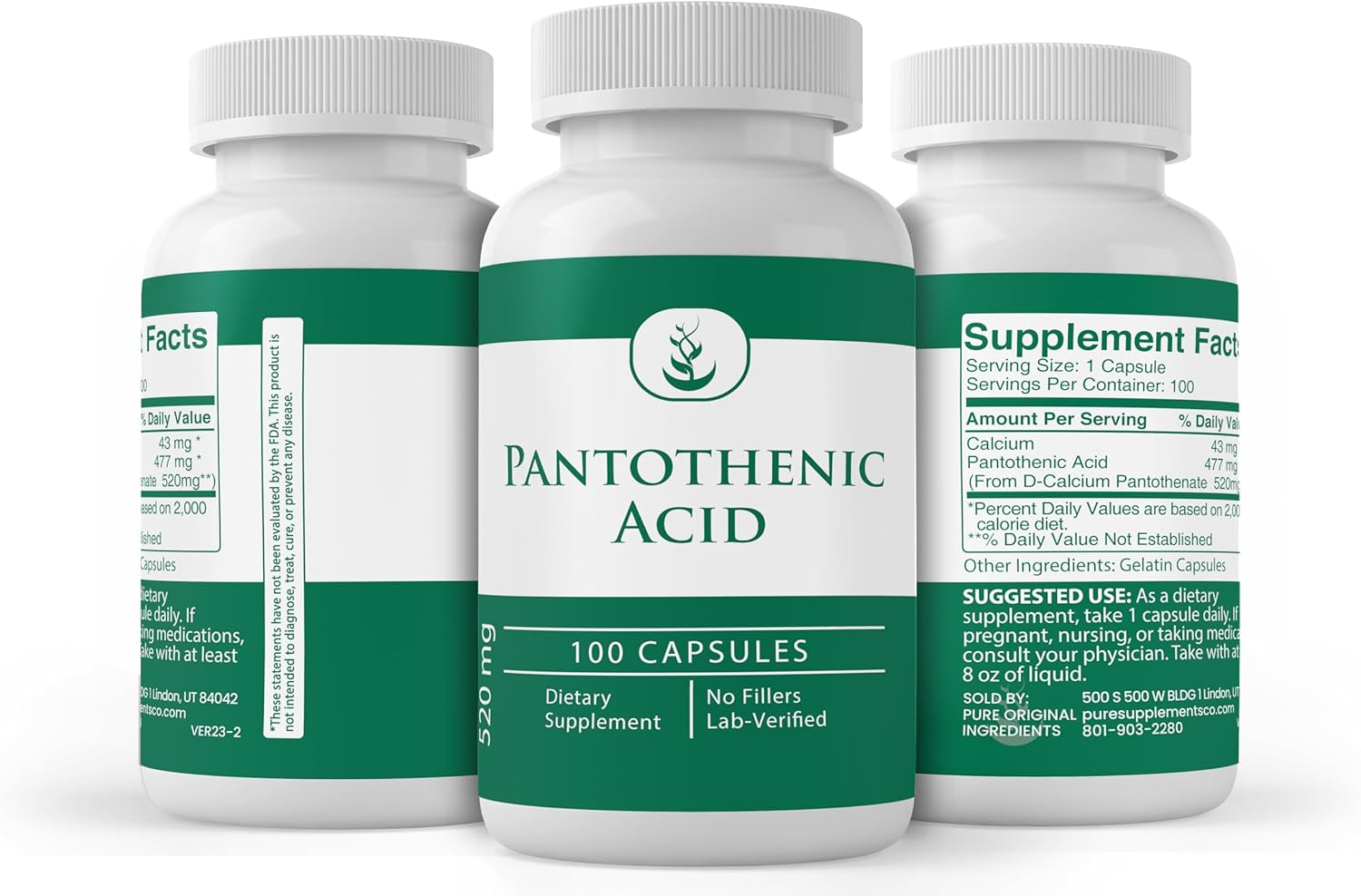 100 Capsules of Pure Pantothenic Acid with Vitamin B5 and Calcium Supplement - Original Ingredients
