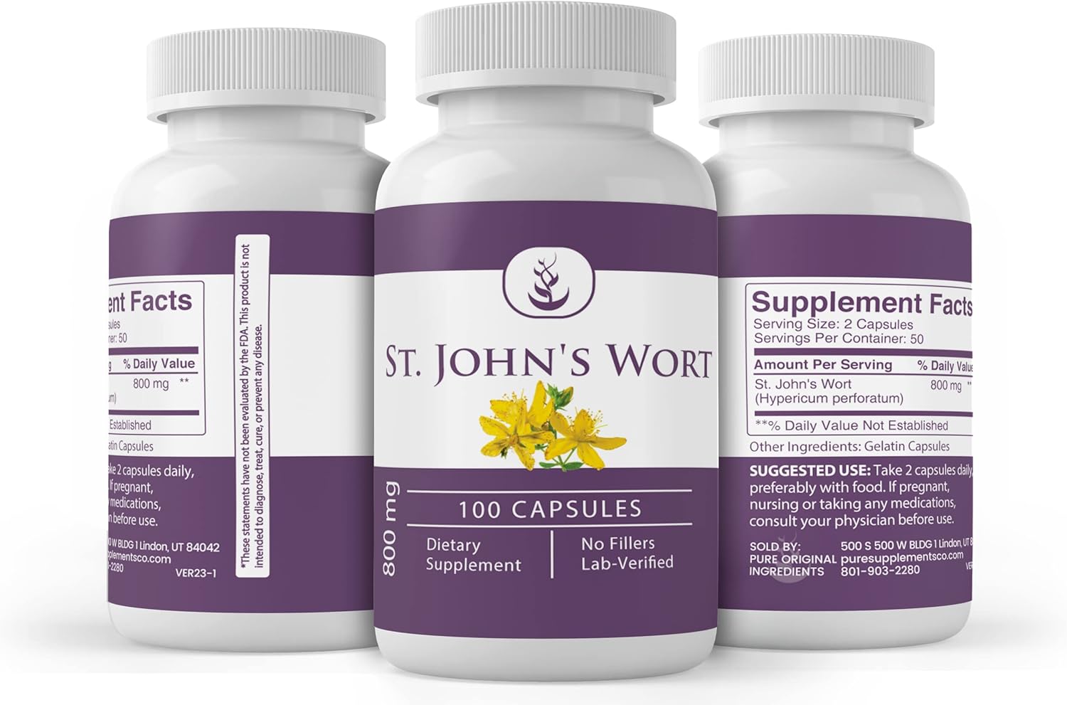 100 Capsules of Pure St. John's Wort with Original Ingredients, Lab Verified, No Additives