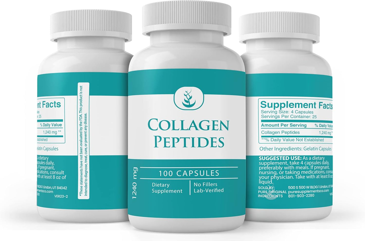 100 Capsules Pure Collagen Peptide with Original Ingredients - Lab Verified, No Additives or Fillers