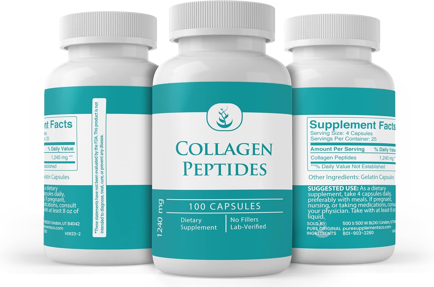 100 Capsules Pure Collagen Peptide with Original Ingredients - Lab Verified, No Additives or Fillers