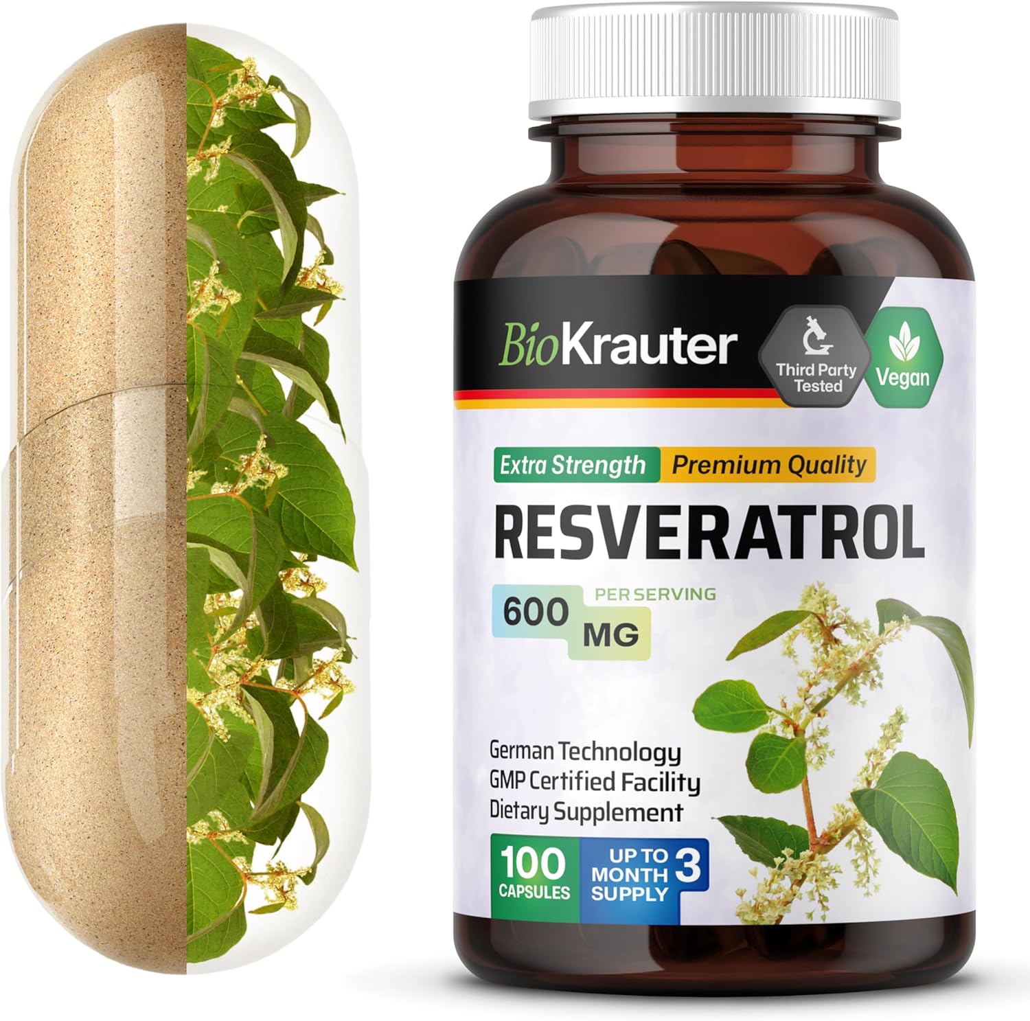 100 Count BIO KRAUTER Resveratrol Supplement Capsules - 600 mg - 98% Pure Trans Resveratrol Powder - Vegan Antioxidant