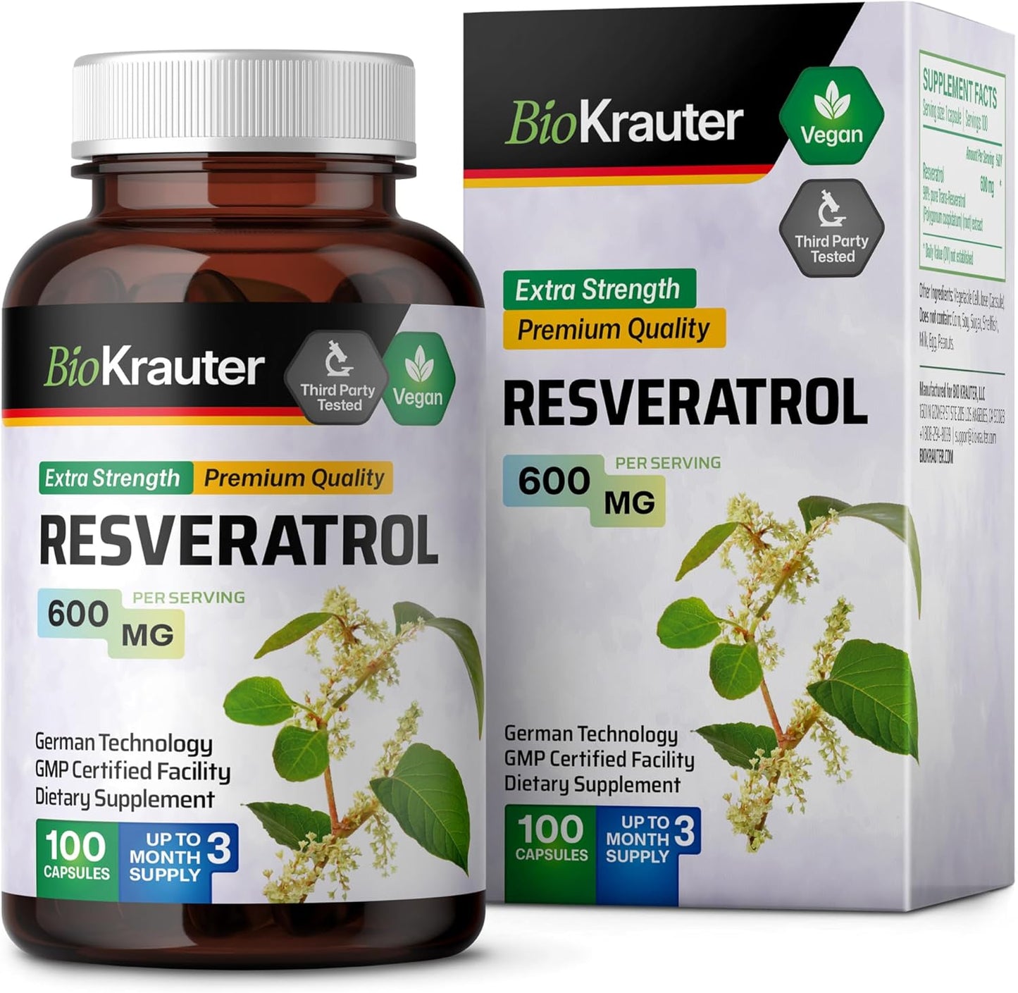 100 Count BIO KRAUTER Resveratrol Supplement Capsules - 600 mg - 98% Pure Trans Resveratrol Powder - Vegan Antioxidant