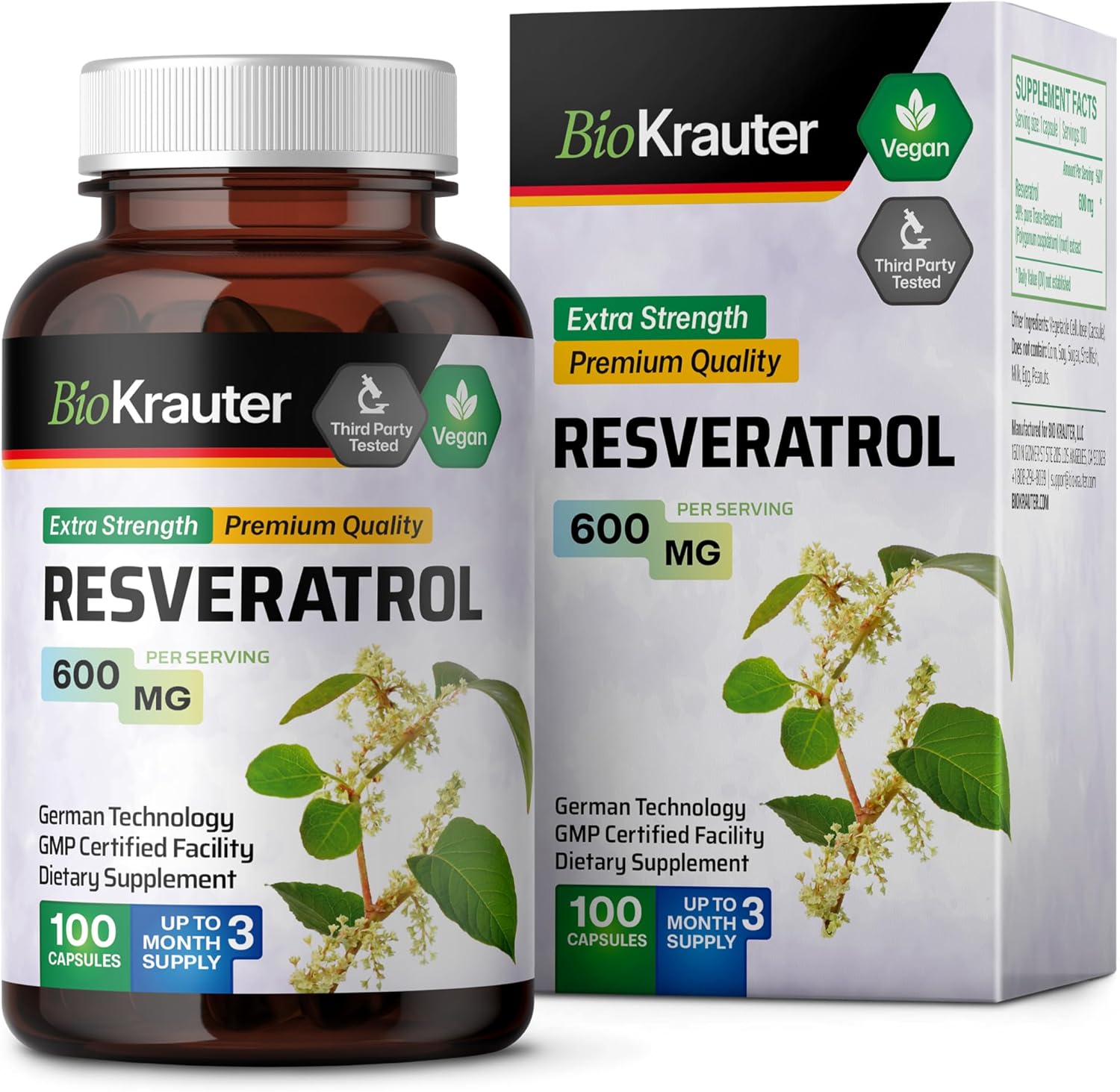 100 Count BIO KRAUTER Resveratrol Supplement Capsules - 600 mg - 98% Pure Trans Resveratrol Powder - Vegan Antioxidant