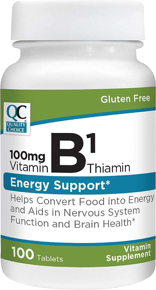 100 Count Bottles of Quality Choice Vitamin B1 Thiamin 100 mg Tablets for Energy Support, Nervous System Function, & Brain Health