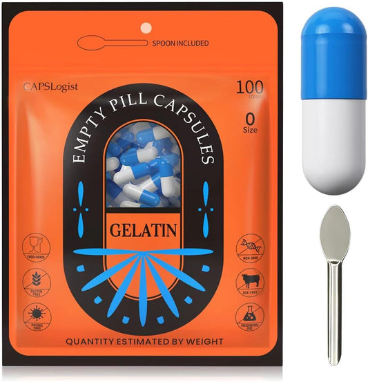 100 Count Empty Size 0 Gelatin Capsules for DIY Capsule Filling - Fillable Pill Gel Caps, Blue/White