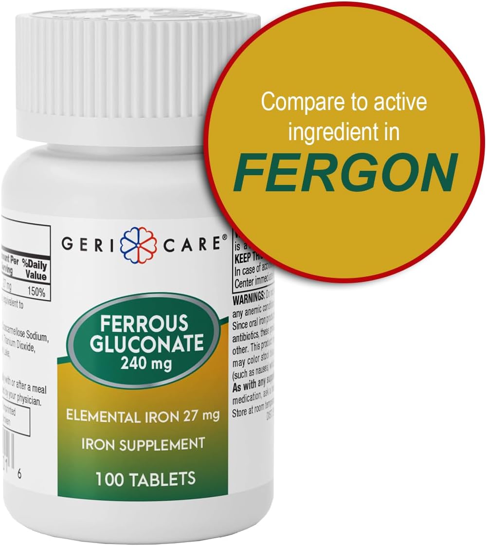 100 Count Gericare Iron 27mg Ferrous Gluconate 240mg Supplement for Energy Boost