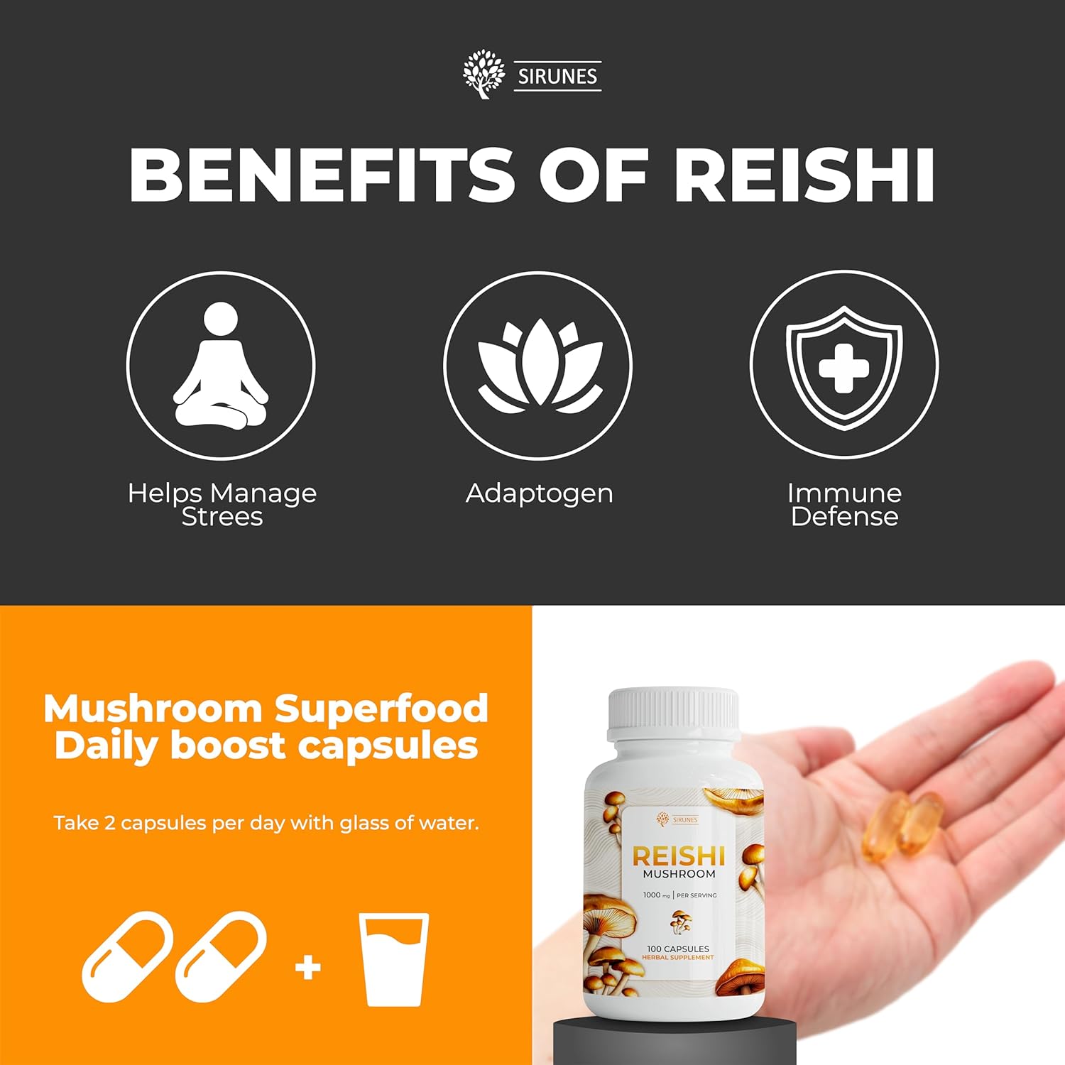 100-Count High-Strength Reishi Mushroom Capsules for Stress Relief and Immune Support - Non-GMO Superfood Supplement