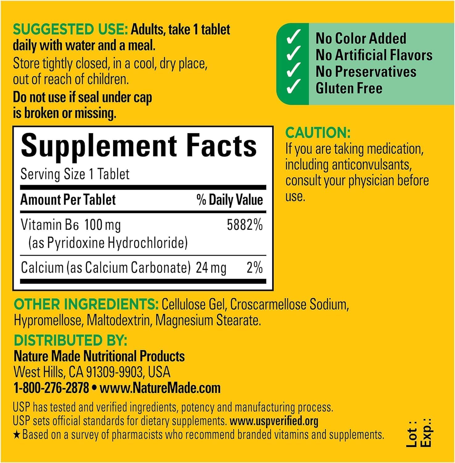 100 Count Nature Made Vitamin B6 100mg Tablets for Daily Wellness
