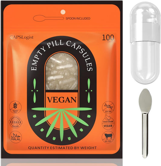 100 Count Size 0 Vegetarian Clear Empty Pill Capsules Bundle with Micro Lab Spoon - Fillable Veggie Capsules for DIY Supplements