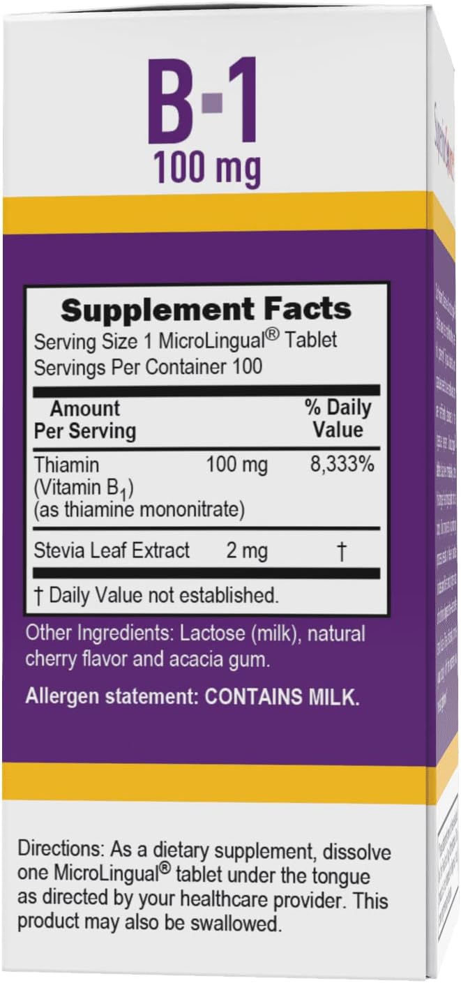 100 Count Vitamin B1 (Thiamin) 100mg Sublingual Tablets for Energy & Metabolism Boost, Nervous System Support - Non-GMO Formula