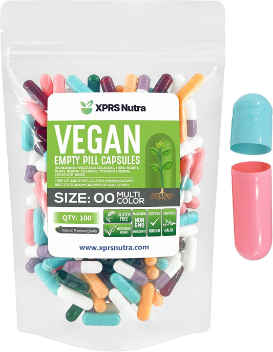 100 Count XPRS Nutra Size 00 Empty Vegan Capsules - DIY Vegetable Capsule Filling Kit - Vegetarian Pill Capsules - Multi Color Veggie Caps