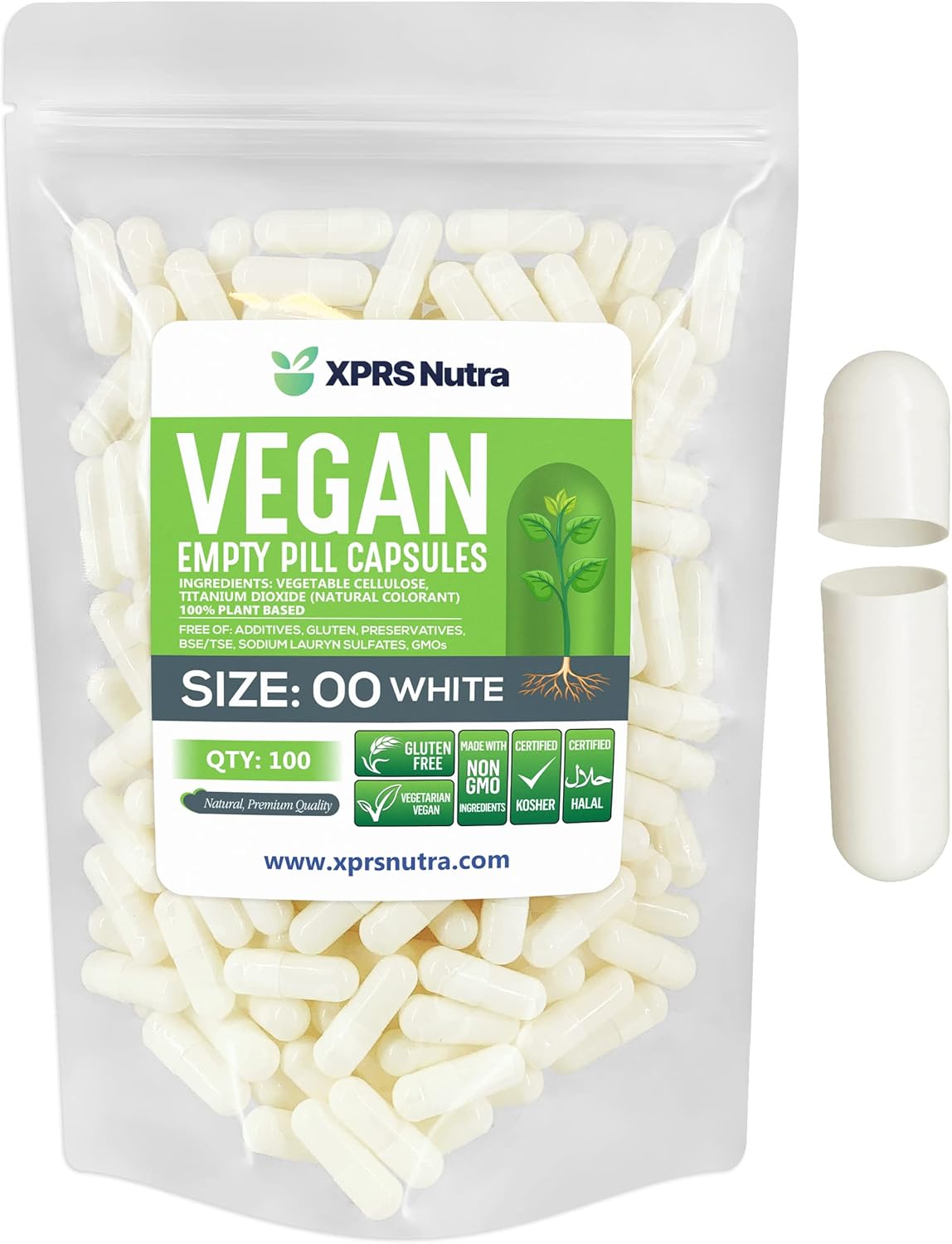 100 Count XPRS Nutra Size 00 White Vegan Vegetarian Empty Pill Capsules for DIY Vegetable Filling