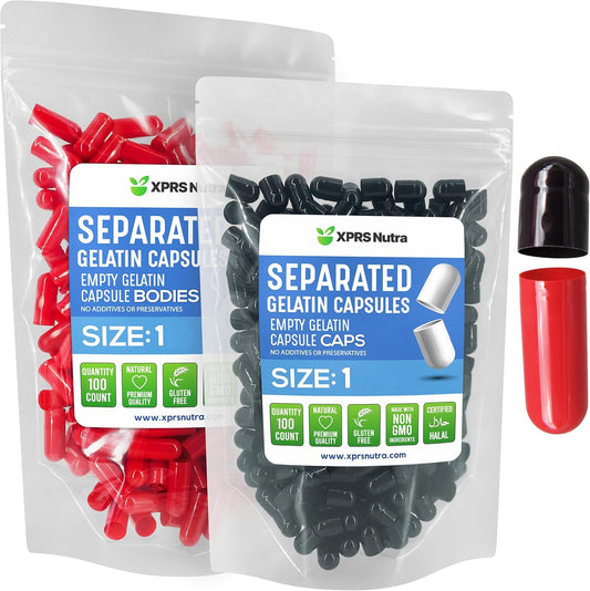 100 Count XPRS Nutra Size 1 Gelatin Empty Pill Capsules in Bags - Black/Red Color - DIY Supplement Filling