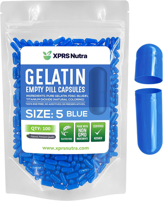 100 Count XPRS Nutra Size 5 Blue Gelatin Empty Capsules for DIY Capsule Filling