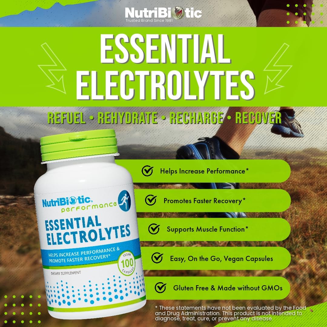 100 Ct NutriBiotic Essential Electrolyte Capsules for Performance & Recovery | Pharmaceutical Grade Vitamin C with Electrolytes for Rehydration | Vegan, Gluten-Free & Non-GMO
