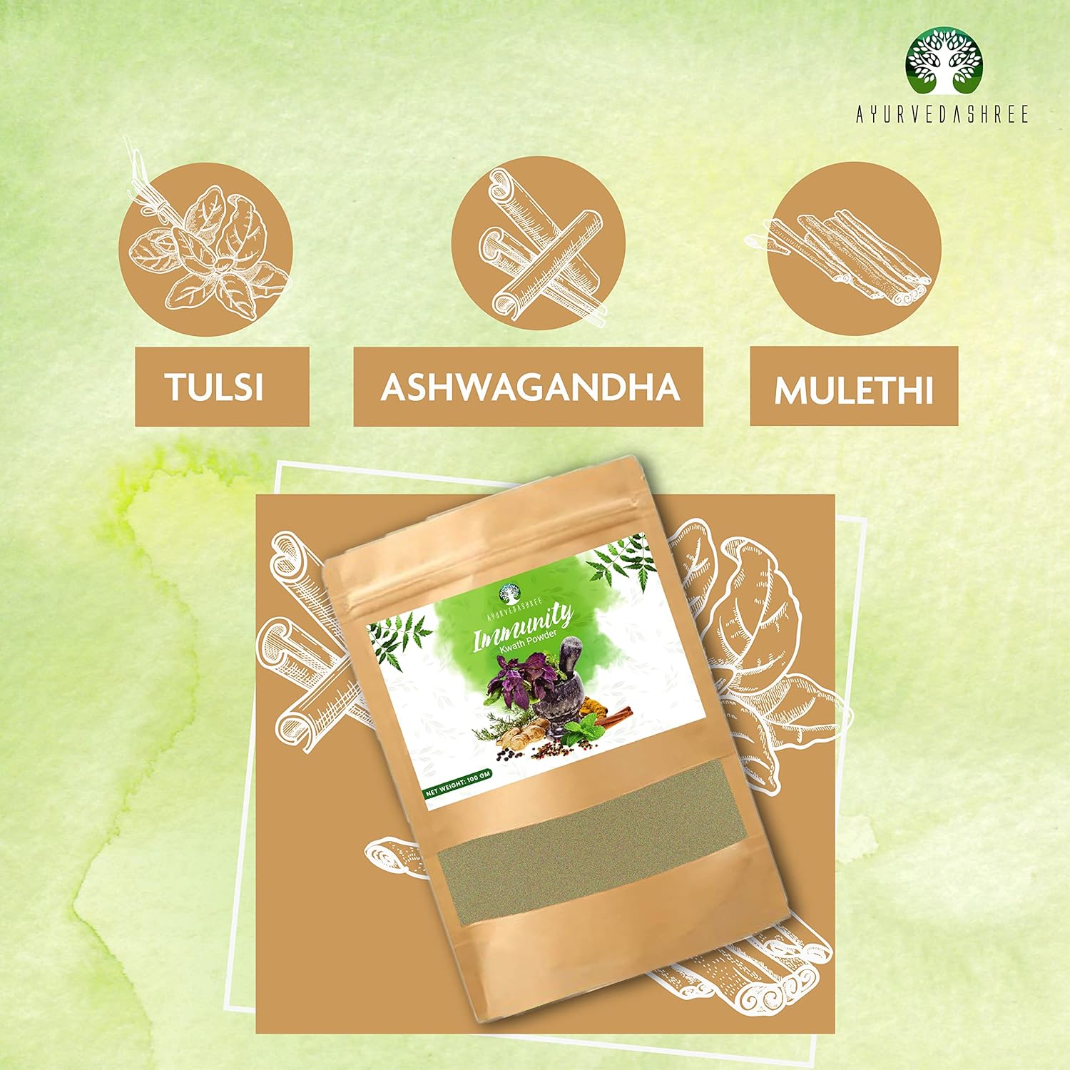 100 Gm AYURVEDASHREE Immunity Kwath with Natural Giloy, Ashwagandha, Mulethi - Herbal Kadha