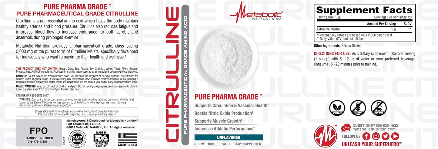 100 Grams of Metabolic Nutrition Citrulline Powder for Enhanced Metabolism