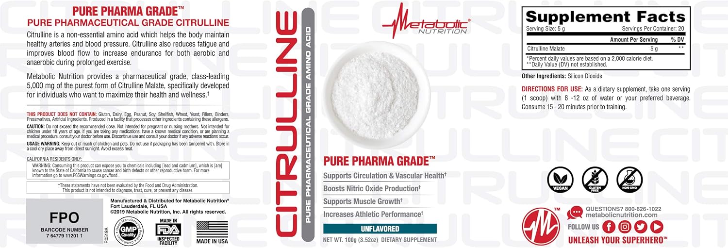 100 Grams of Metabolic Nutrition Citrulline Powder for Enhanced Metabolism