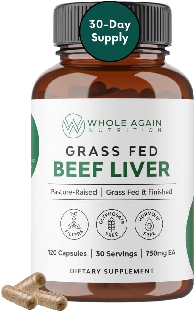 100% Grass Fed Beef Liver Capsules - 120 Count - 3,000mg - Iron & Energy - Desiccated Liver Supplement - Pasture Raised - No Fillers