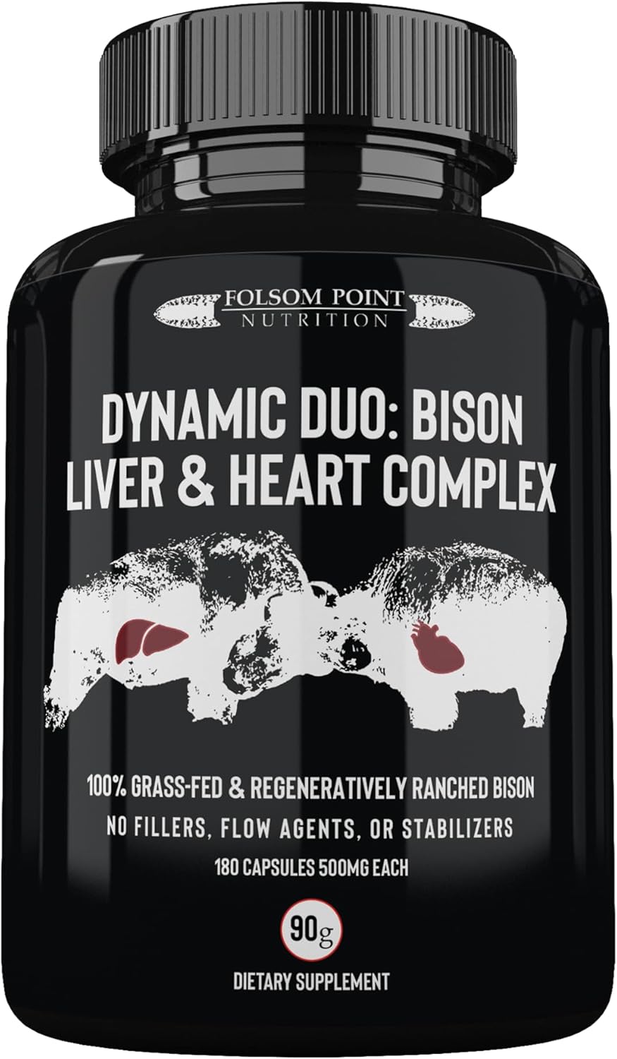 100% Grass-Fed Bison Liver & Heart Complex Supplement | Desiccated Pill | Made in USA | Single Bottle of Folsom Point Nutrition Dynamic Duo