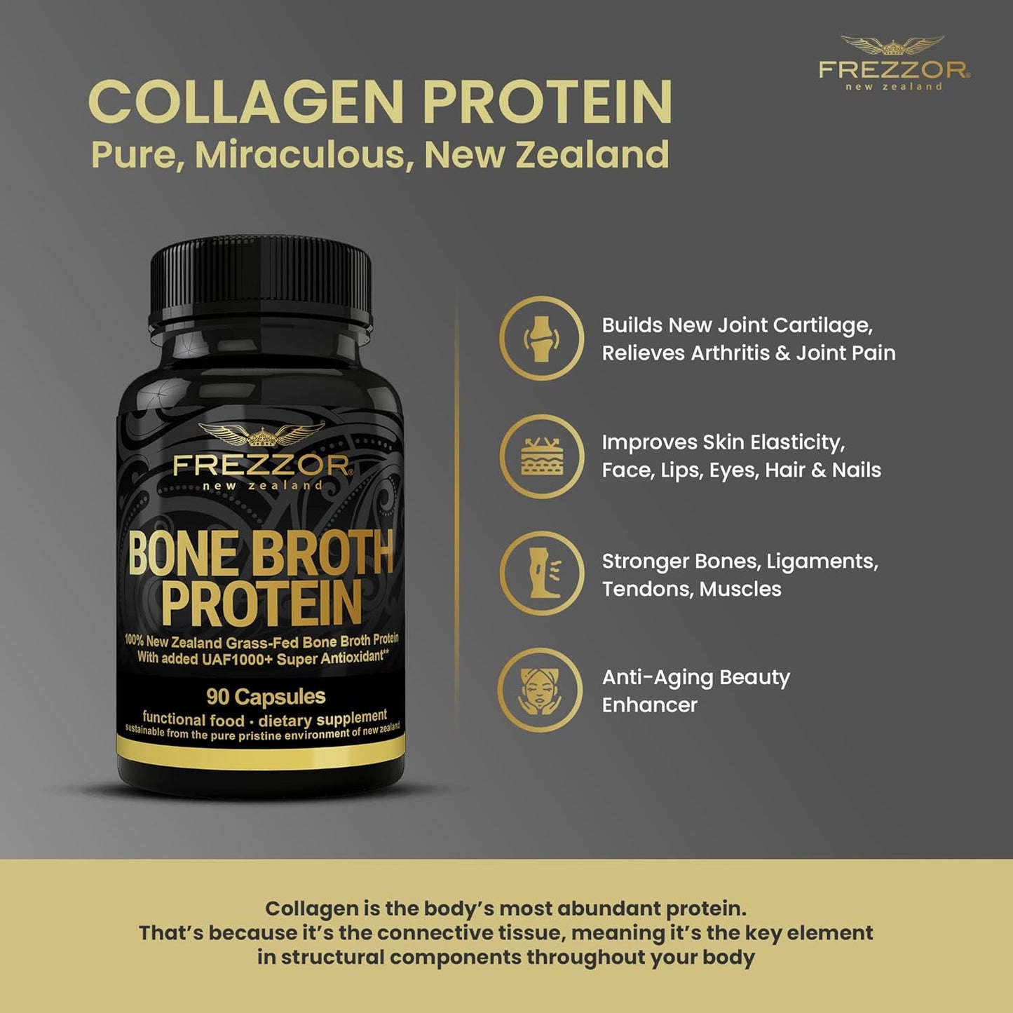 100% Grass-Fed New Zealand Cattle Bone Broth Protein Capsules for Joint, Skin, Hair & Nail Support - 270 Capsules, Pack of 3