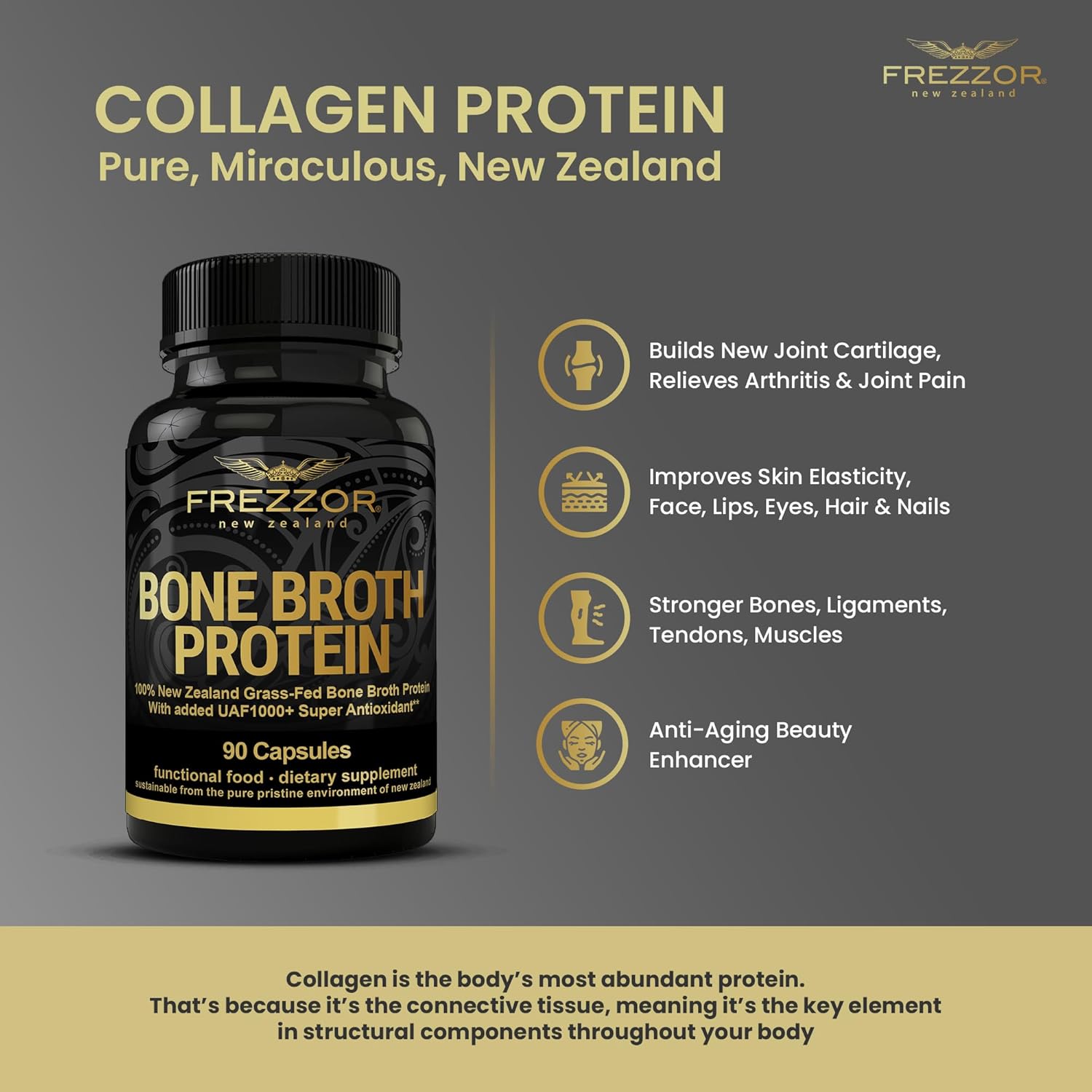 100% Grass-Fed New Zealand Cattle Bone Broth Protein Capsules for Joint, Skin, Hair & Nail Support - 270 Capsules, Pack of 3