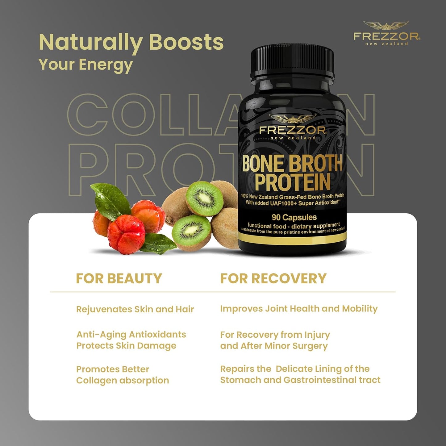 100% Grass-Fed New Zealand Cattle Bone Broth Protein Capsules for Joint, Skin, Hair & Nail Support - 270 Capsules, Pack of 3