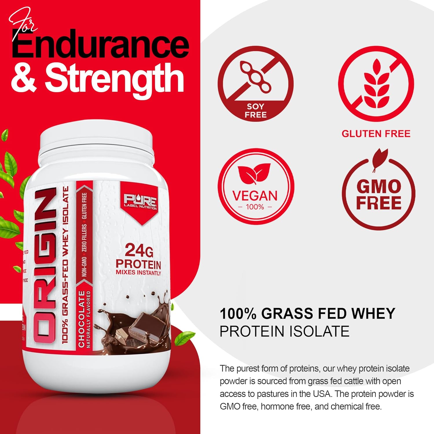 100% Grass-Fed Whey Protein Isolate in Chocolate Flavor - 2lb by Pure Label Nutrition