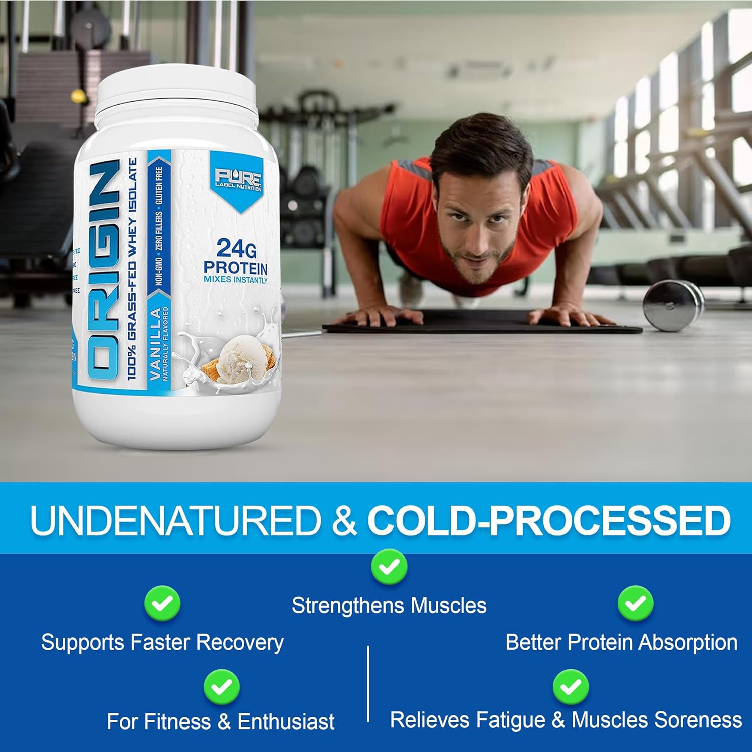 100% Grass-Fed Whey Protein Isolate in Vanilla Flavor - High Protein, Low Carb - 2lb by Pure Label Nutrition