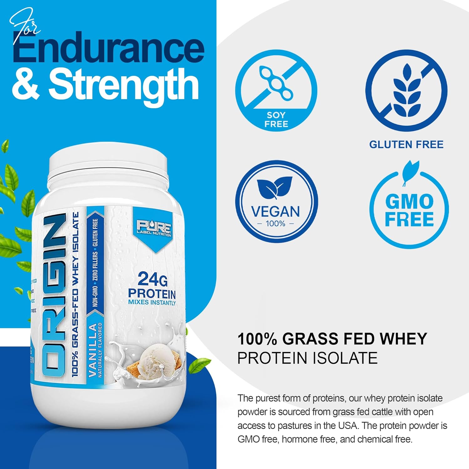 100% Grass-Fed Whey Protein Isolate in Vanilla Flavor - High Protein, Low Carb - 2lb by Pure Label Nutrition