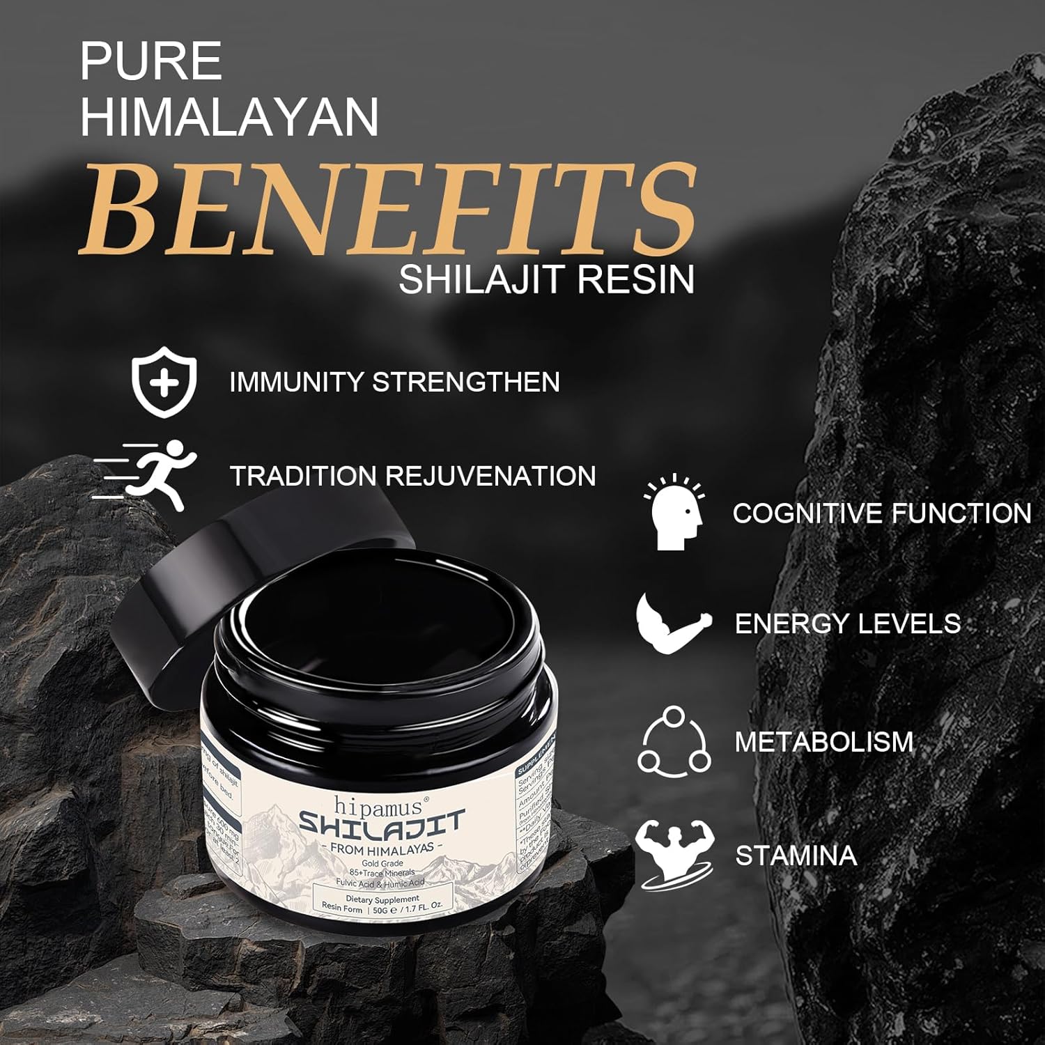 100% Natural 600mg Pure Himalayan Organic Shilajit Resin - Gold Grade Supplement for Energy, Strength, and Immune Support - 50g with Fulvic Acid & 85+ Trace Minerals
