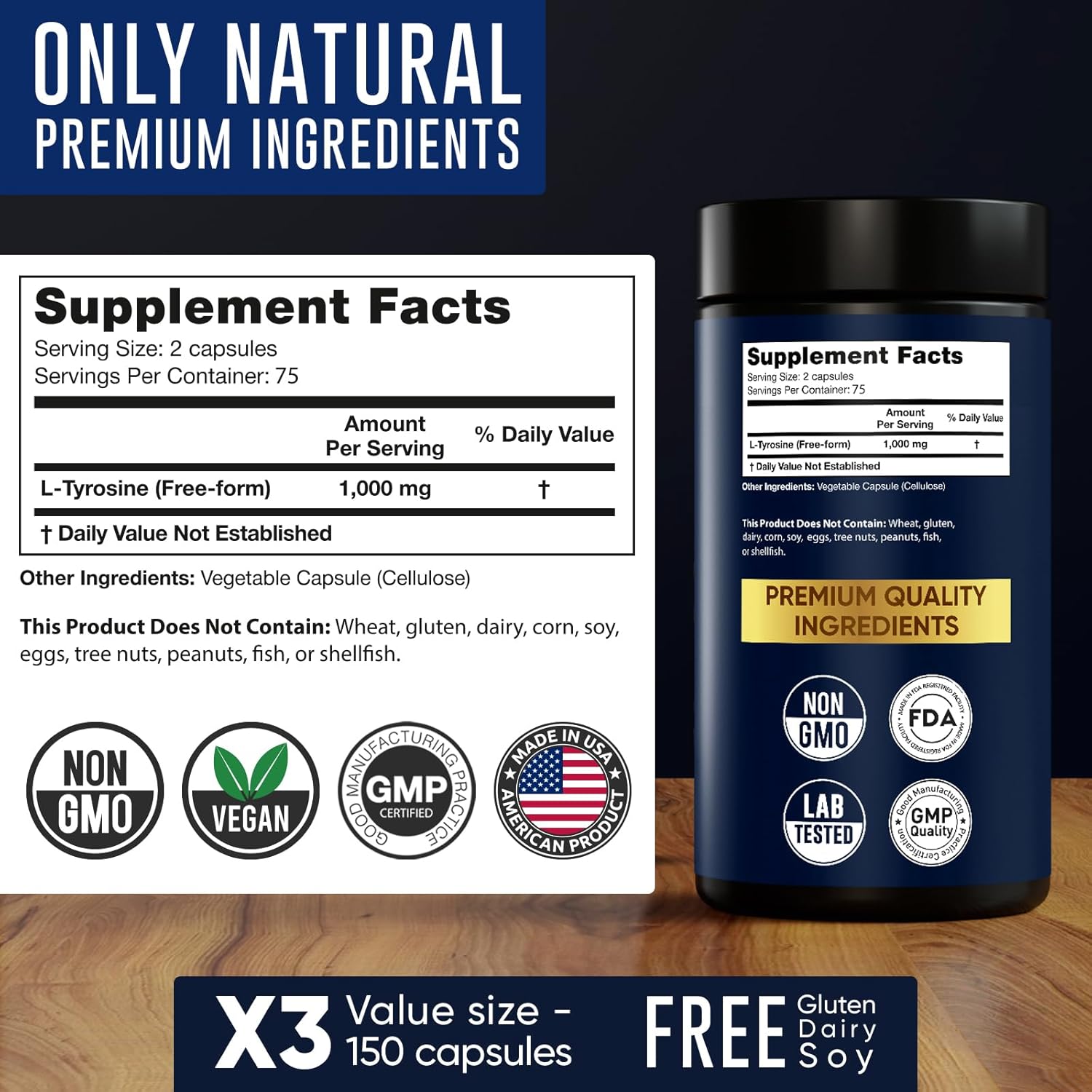 100% Natural Alpha Flow L Tyrosine Capsules for Energy & Focus - 150 Vegan Caps, Non-GMO, Gluten-Free - 1000MG Formula (500mg x 2)