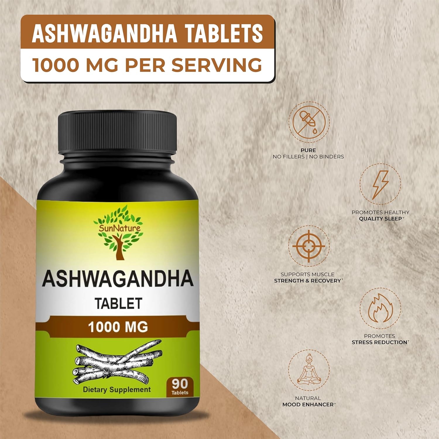 100% Natural Ashwagandha Tablets - 90 Tablets, 1000 mg | Vegan | Made in India | 45 Days Supply