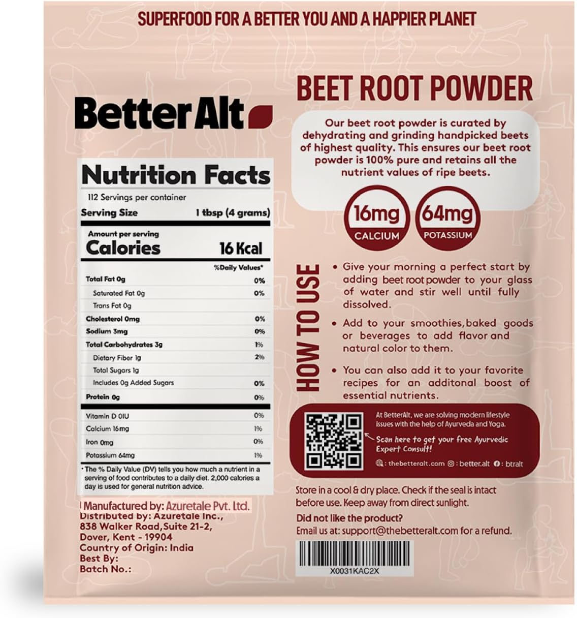 100% Natural Beet Root Powder - 16oz, Nitric Oxide Booster, Superfood Supplement for Heart Health, Beet Juice Powder - 112 Servings