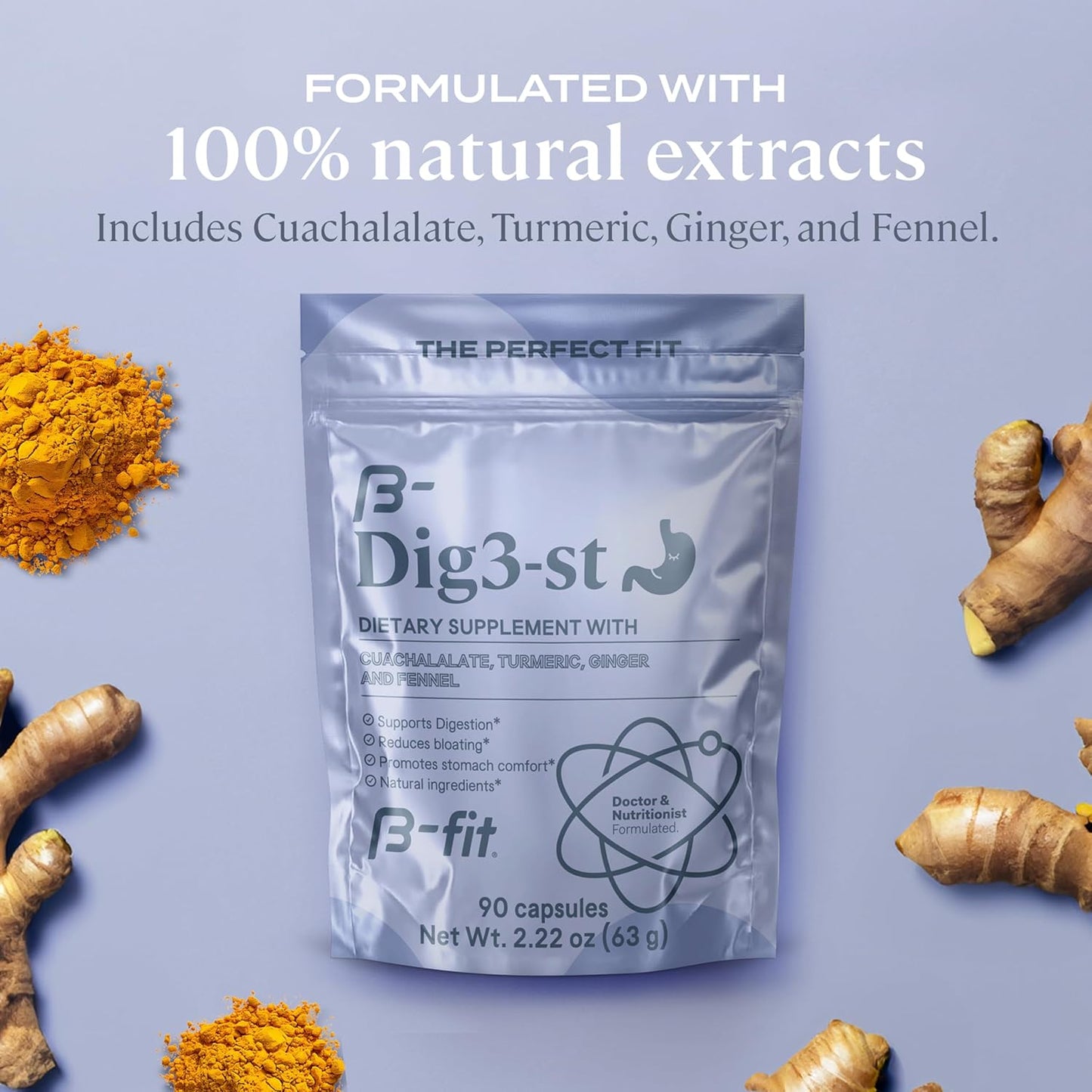100% Natural Digestive Support Supplement with Ginger Root, Turmeric, Fennel, and Cuachalalate - 60 Capsules - Promotes Normal Digestion