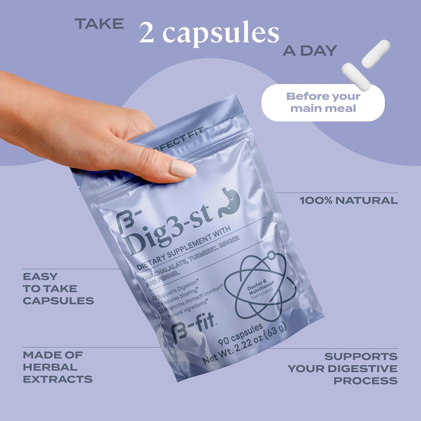 100% Natural Digestive Support Supplement with Ginger Root, Turmeric, Fennel, and Cuachalalate - 60 Capsules - Promotes Normal Digestion