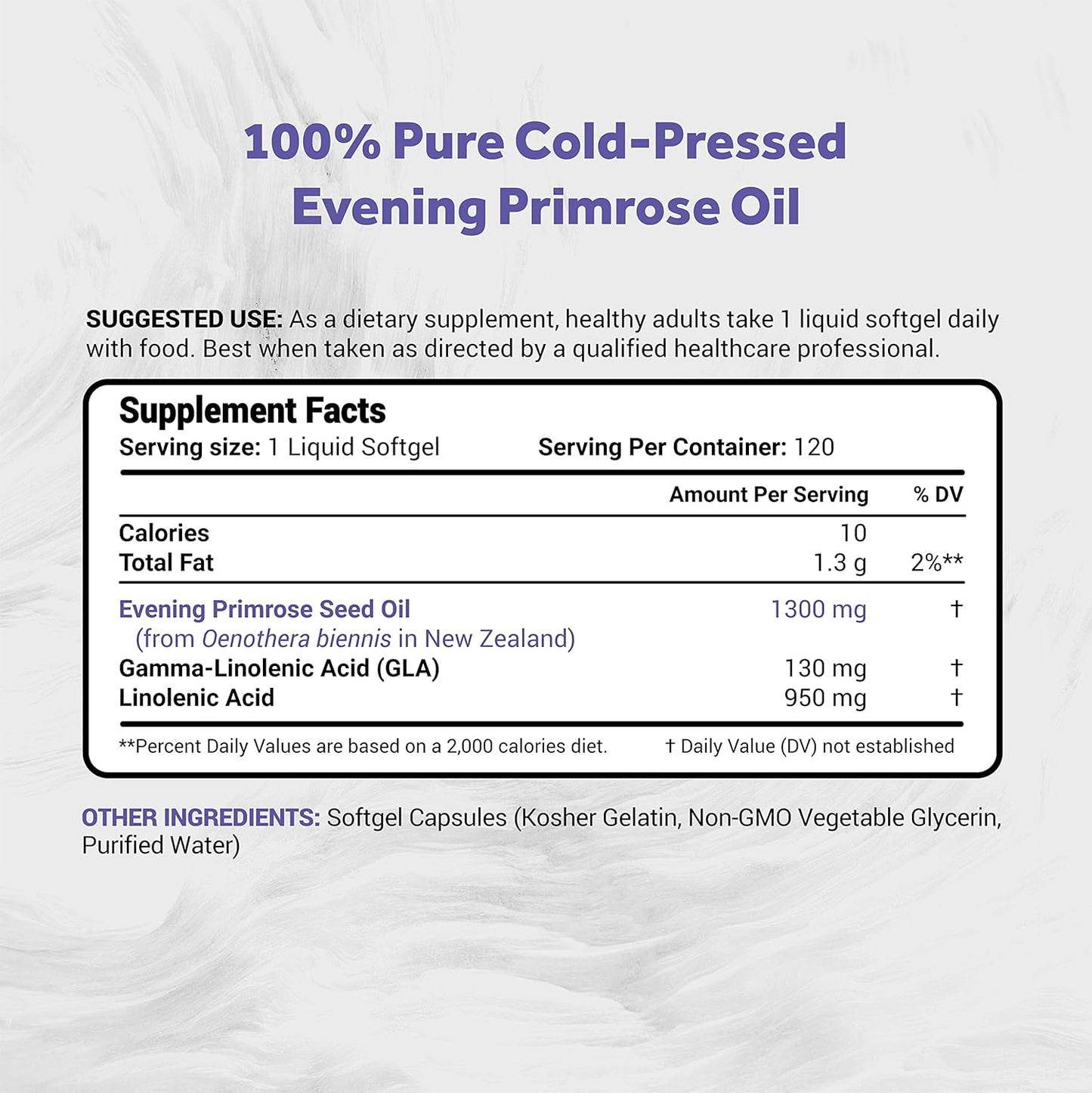100% Natural New Zealand Evening Primrose Oil Softgels - 1300mg, Non-GMO, Soy & Gluten Free (120 Count)