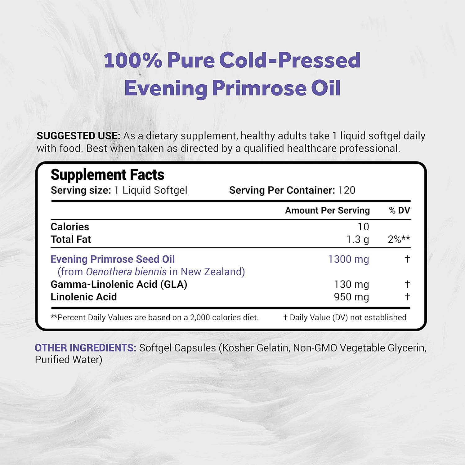 100% Natural New Zealand Evening Primrose Oil Softgels - 1300mg, Non-GMO, Soy & Gluten Free (120 Count)