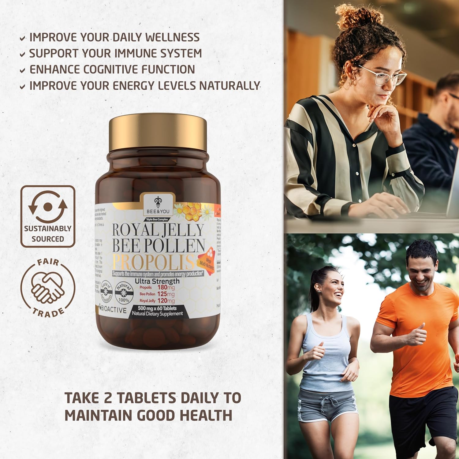 100% Natural Superfood Immune Support Supplement with Royal Jelly, Propolis Extract, Bee Pollen - Boost Energy, Focus, Antioxidants - Fresh, Keto, Paleo, Gluten-Free Tablets - 60ct by BEE & YOU