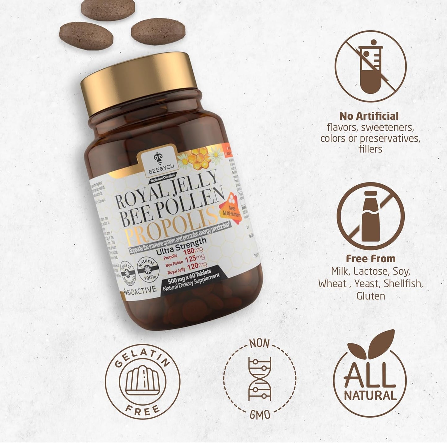 100% Natural Superfood Immune Support Supplement with Royal Jelly, Propolis Extract, Bee Pollen - Boost Energy, Focus, Antioxidants - Fresh, Keto, Paleo, Gluten-Free Tablets - 60ct by BEE & YOU