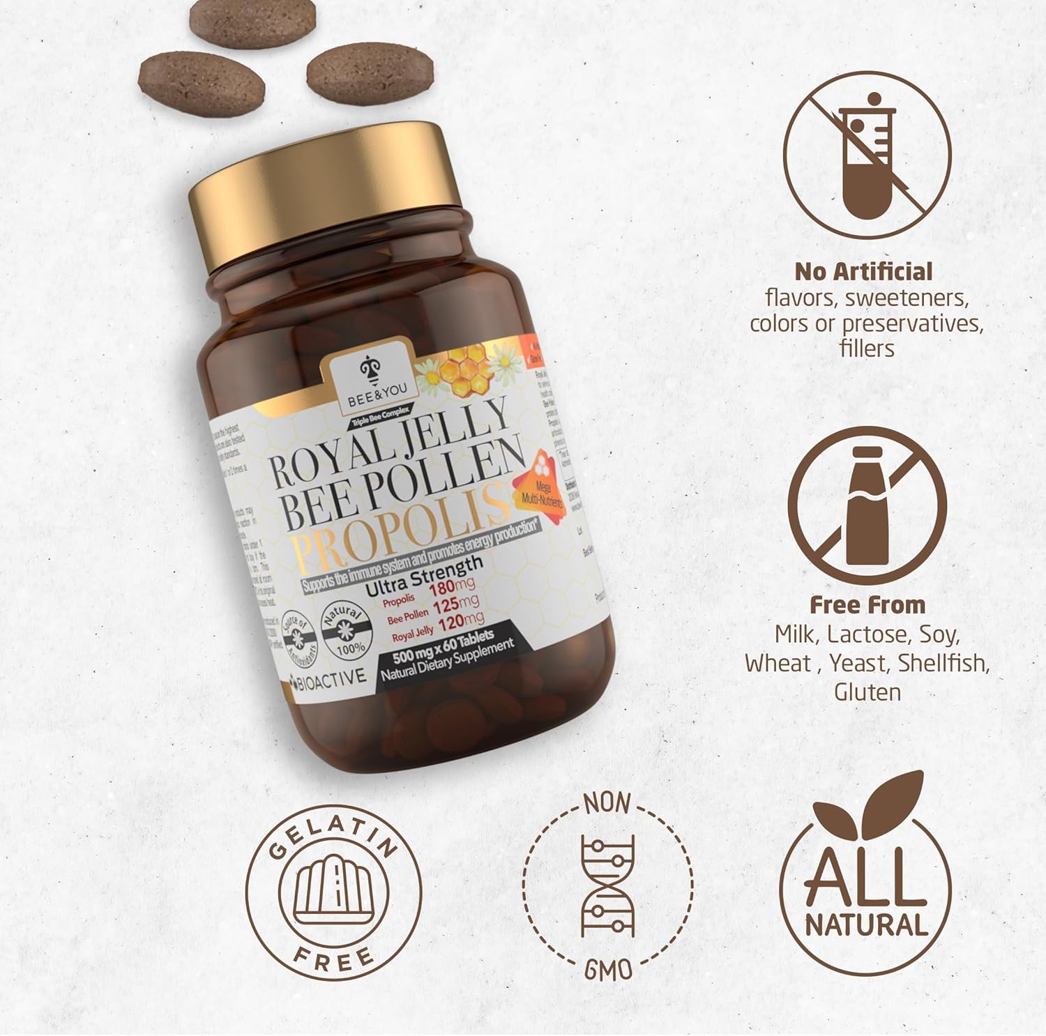 100% Natural Superfood Immune Support Supplement with Royal Jelly, Propolis Extract, Bee Pollen - Boost Energy, Focus, Antioxidants - Fresh, Keto, Paleo, Gluten-Free Tablets - 60ct by BEE & YOU