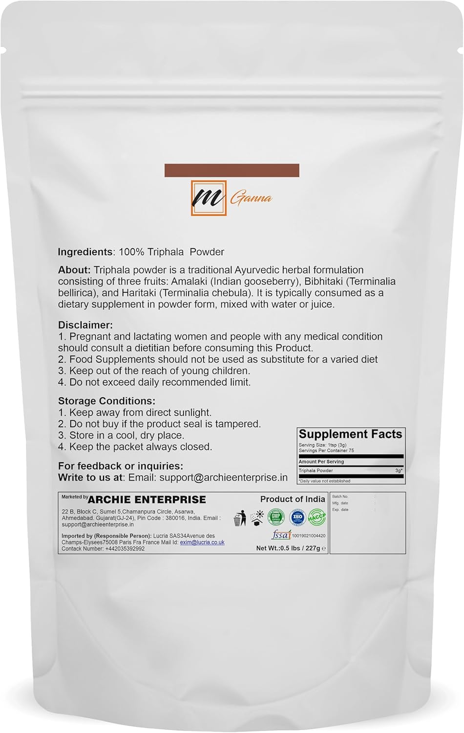 100% Natural Triphala Powder for Skin and Health Care - 227g (0.5lbs) by mGanna