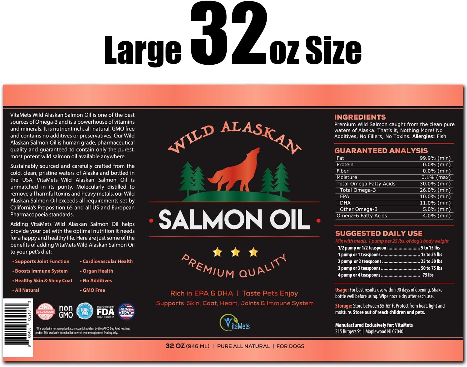 100% Natural Wild Alaskan Salmon Oil for Pets - Omega-3 Fish Oil Supplement with DHA and EPA for Healthy Skin and Joints - 32 oz