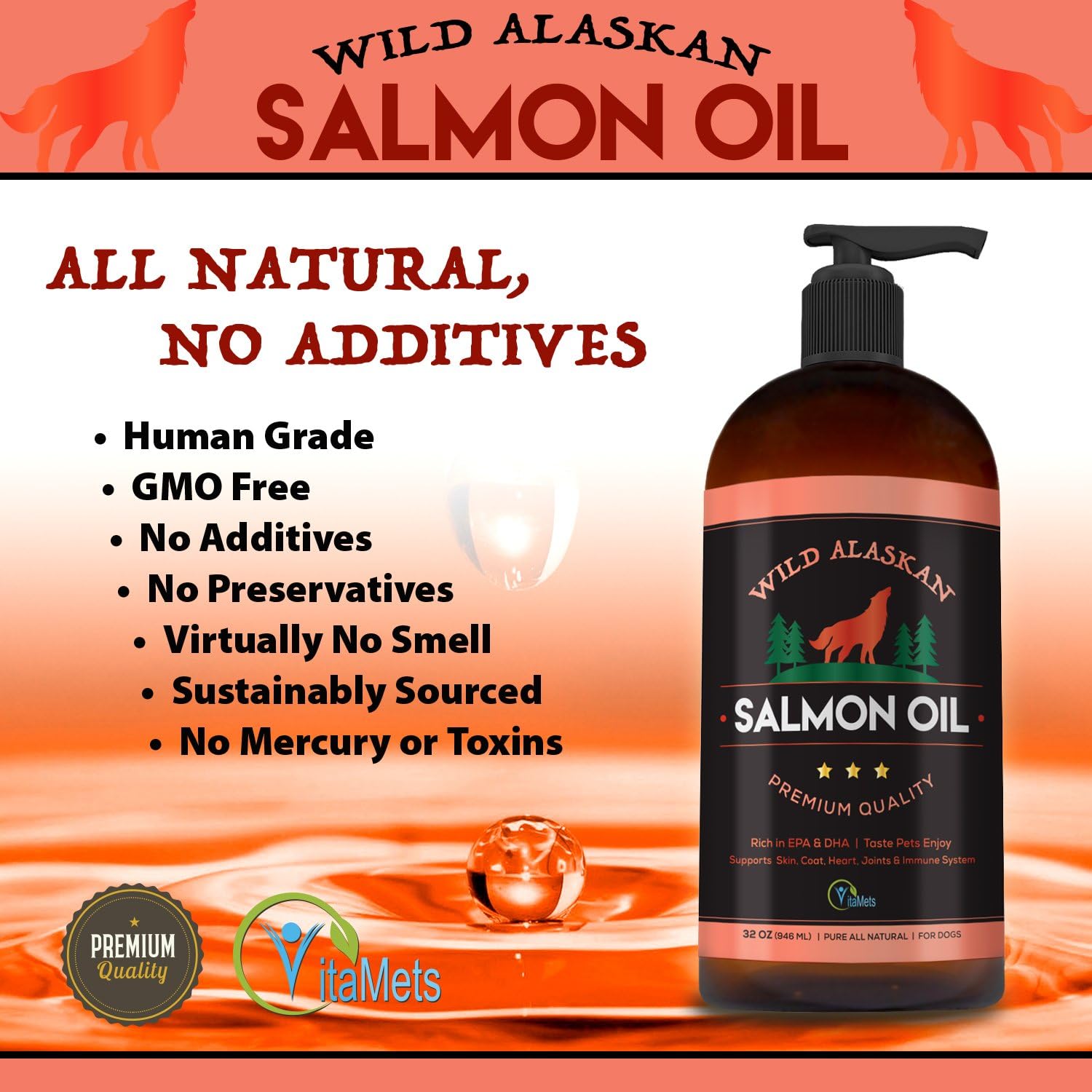 100% Natural Wild Alaskan Salmon Oil for Pets - Omega-3 Fish Oil Supplement with DHA and EPA for Healthy Skin and Joints - 32 oz