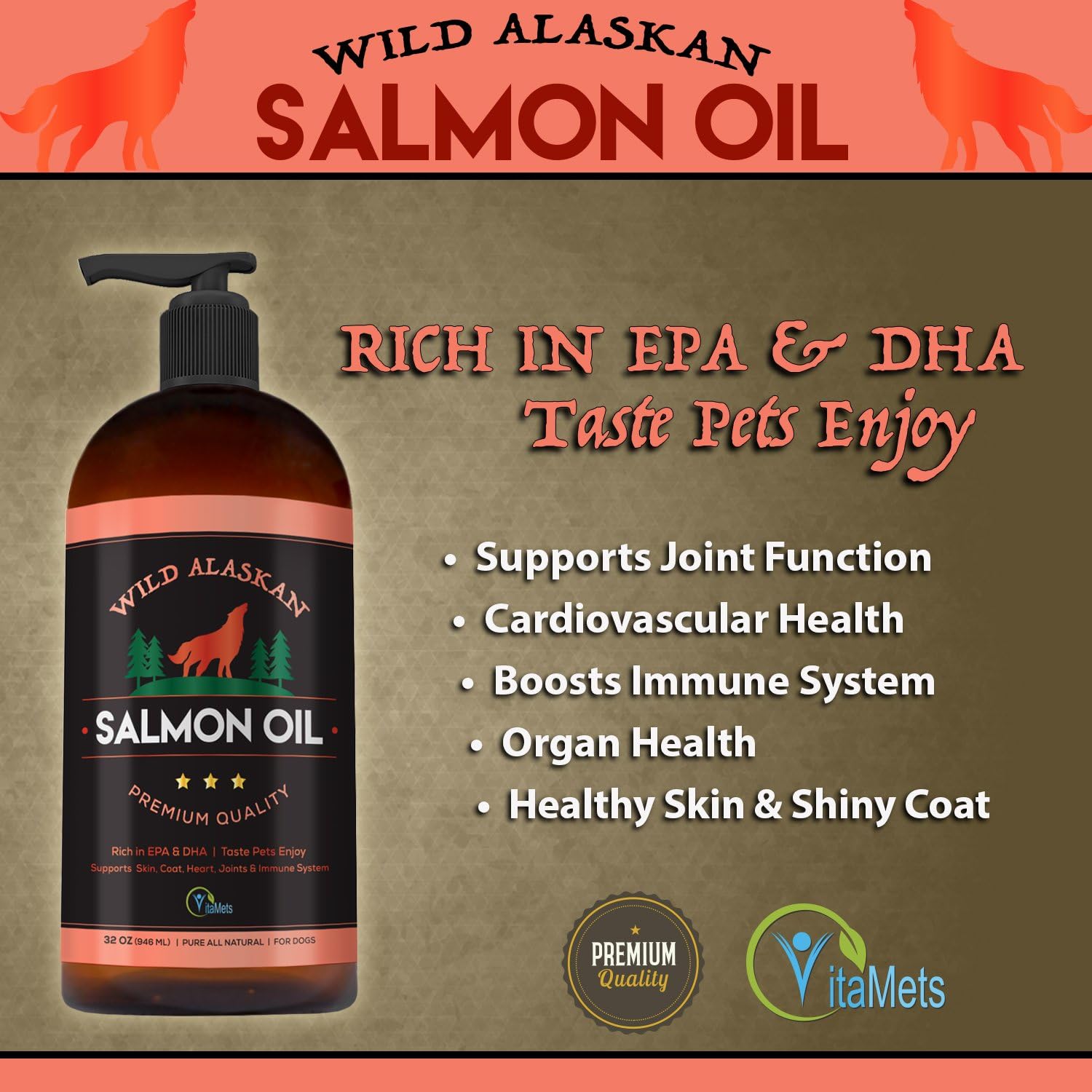 100% Natural Wild Alaskan Salmon Oil for Pets - Omega-3 Fish Oil Supplement with DHA and EPA for Healthy Skin and Joints - 32 oz