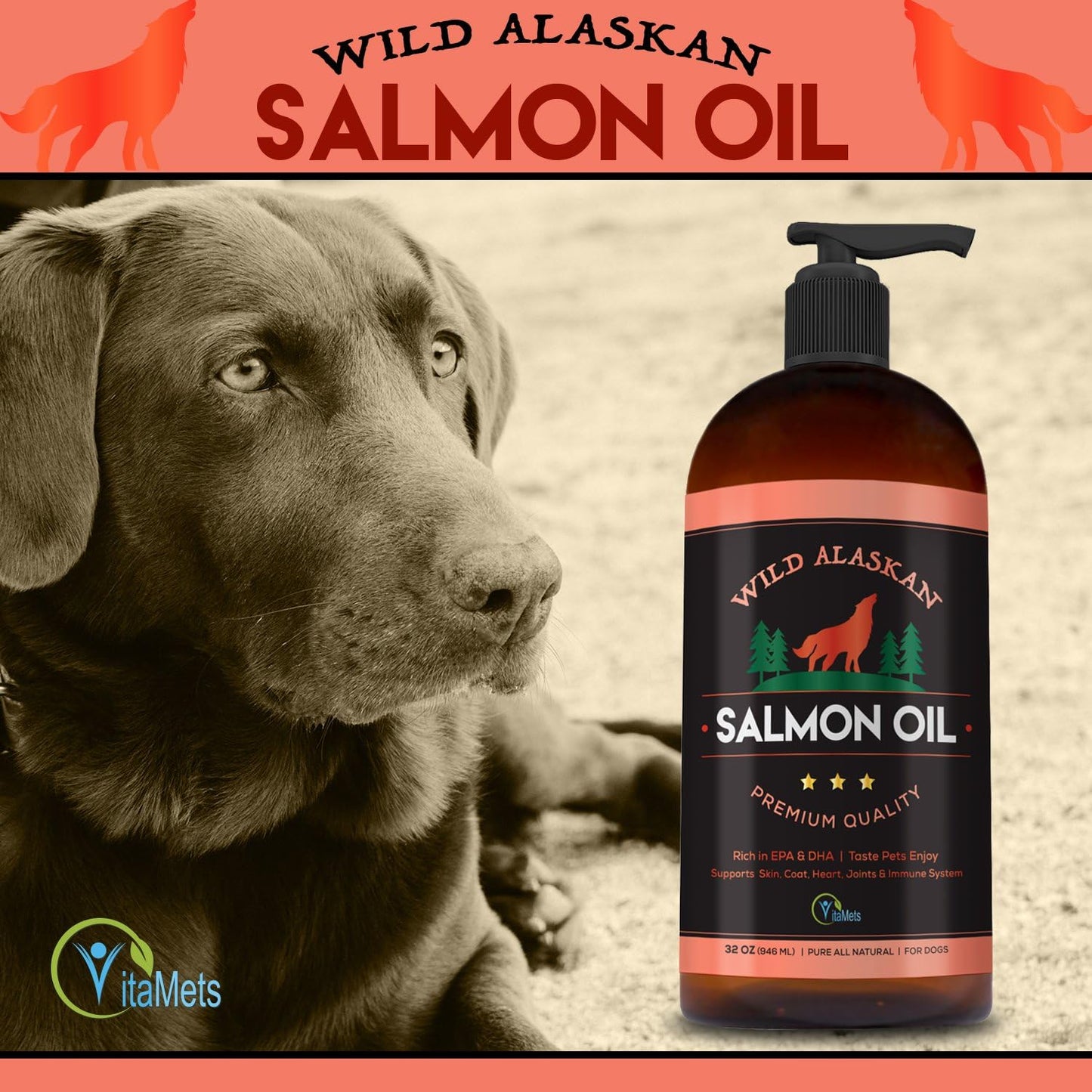 100% Natural Wild Alaskan Salmon Oil for Pets - Omega-3 Fish Oil Supplement with DHA and EPA for Healthy Skin and Joints - 32 oz