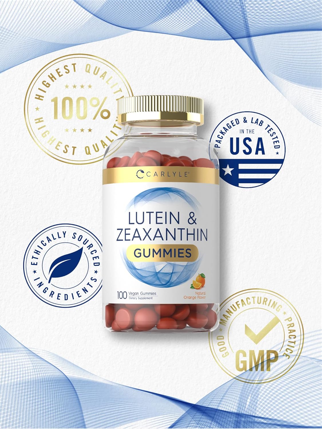 100 Orange Flavor Vegan Gummies with 20mg of Lutein and Zeaxanthin - Non-GMO, Gluten Free Supplement