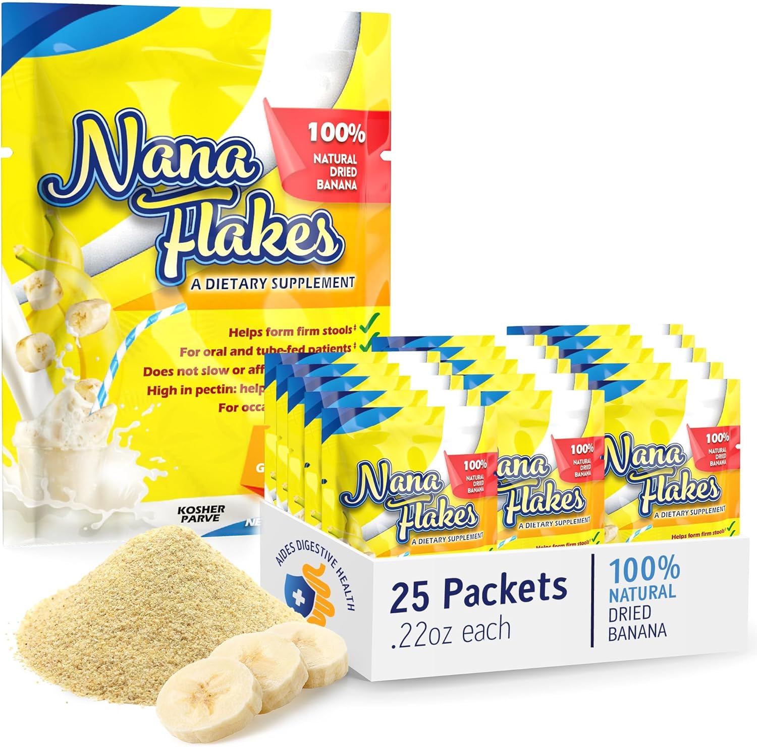 100% Pure Banana Flakes Powder - Nutritional Designs Nana Flakes for Diarrhea & Heartburn Relief - High Protein & Fiber, Decrease Fat Intake - 25 Single-Serve Packs